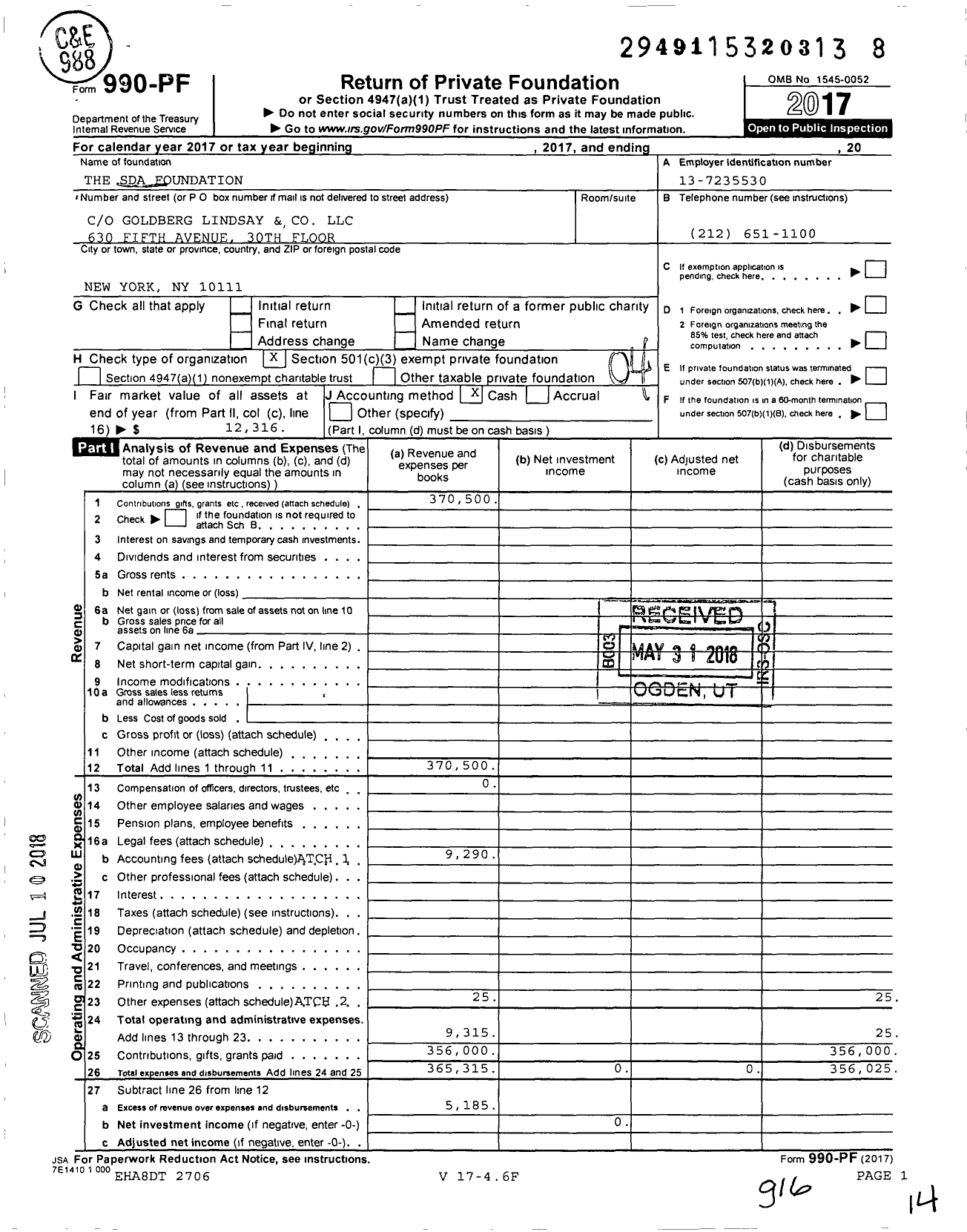 Image of first page of 2017 Form 990PF for SDA Foundation