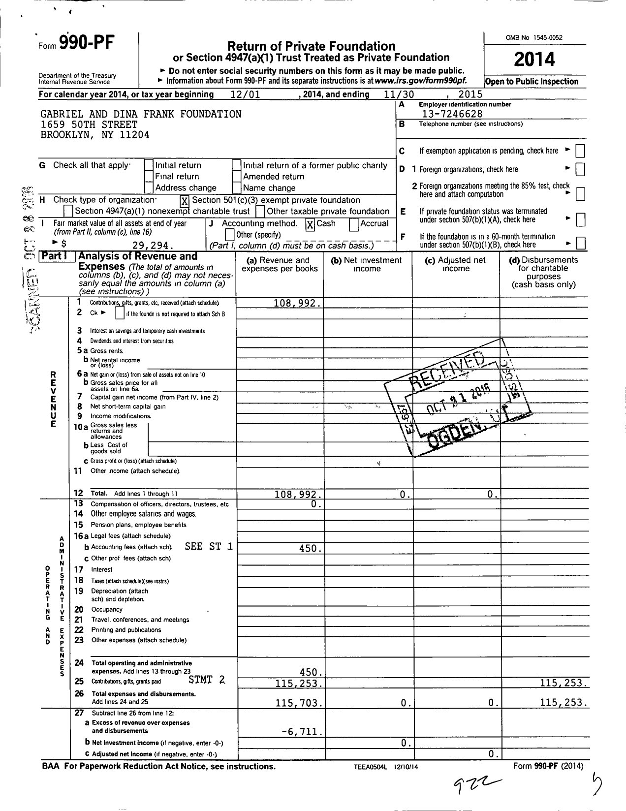 Image of first page of 2014 Form 990PF for Gabriel and Dina Frank Foundation