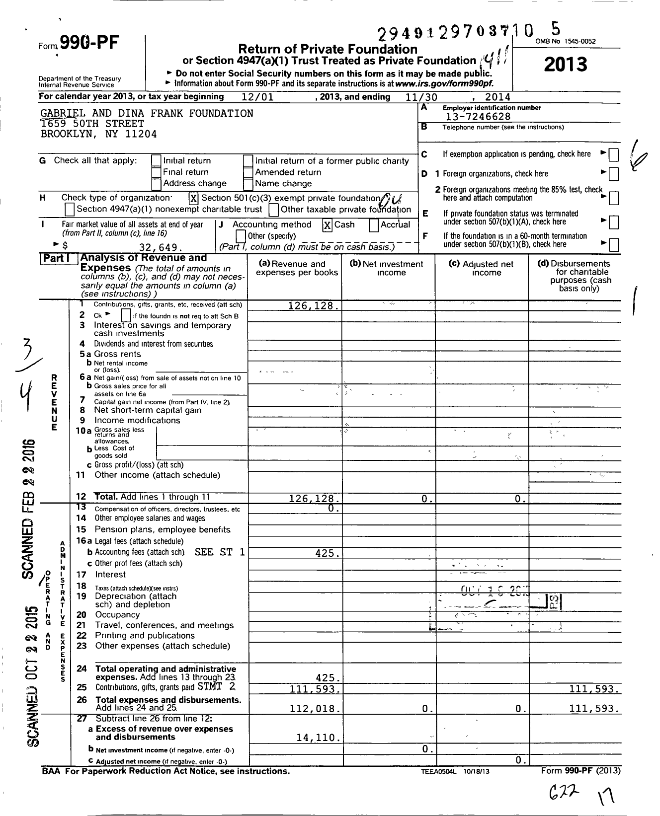 Image of first page of 2013 Form 990PF for Gabriel and Dina Frank Foundation