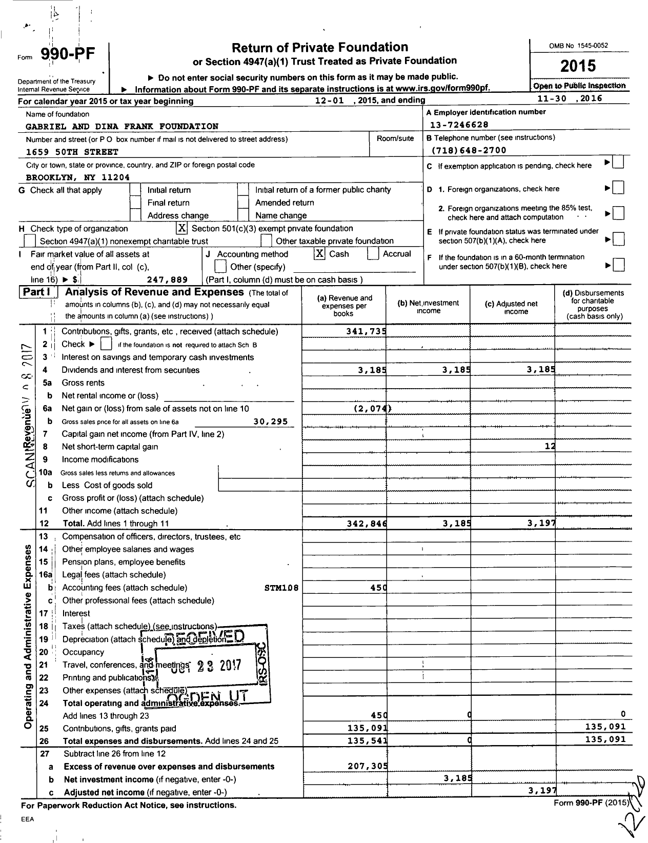 Image of first page of 2015 Form 990PF for Gabriel and Dina Frank Foundation