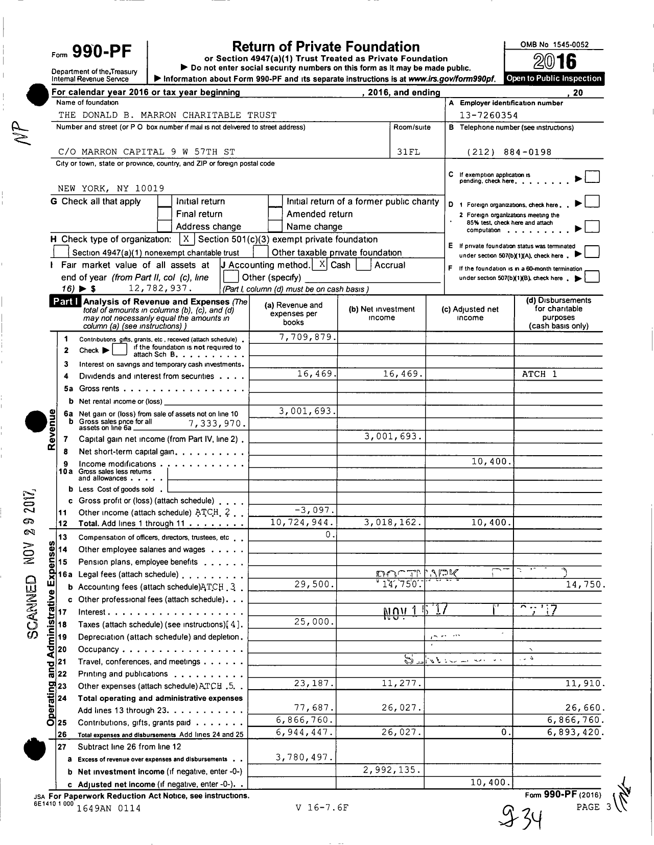 Image of first page of 2016 Form 990PF for Marron Family Charitable Trust