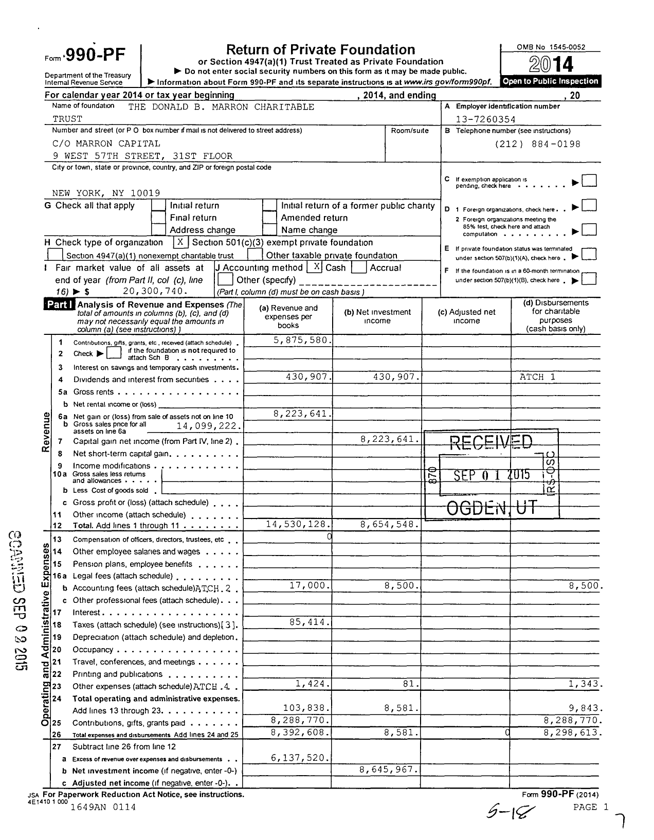 Image of first page of 2014 Form 990PF for Marron Family Charitable Trust