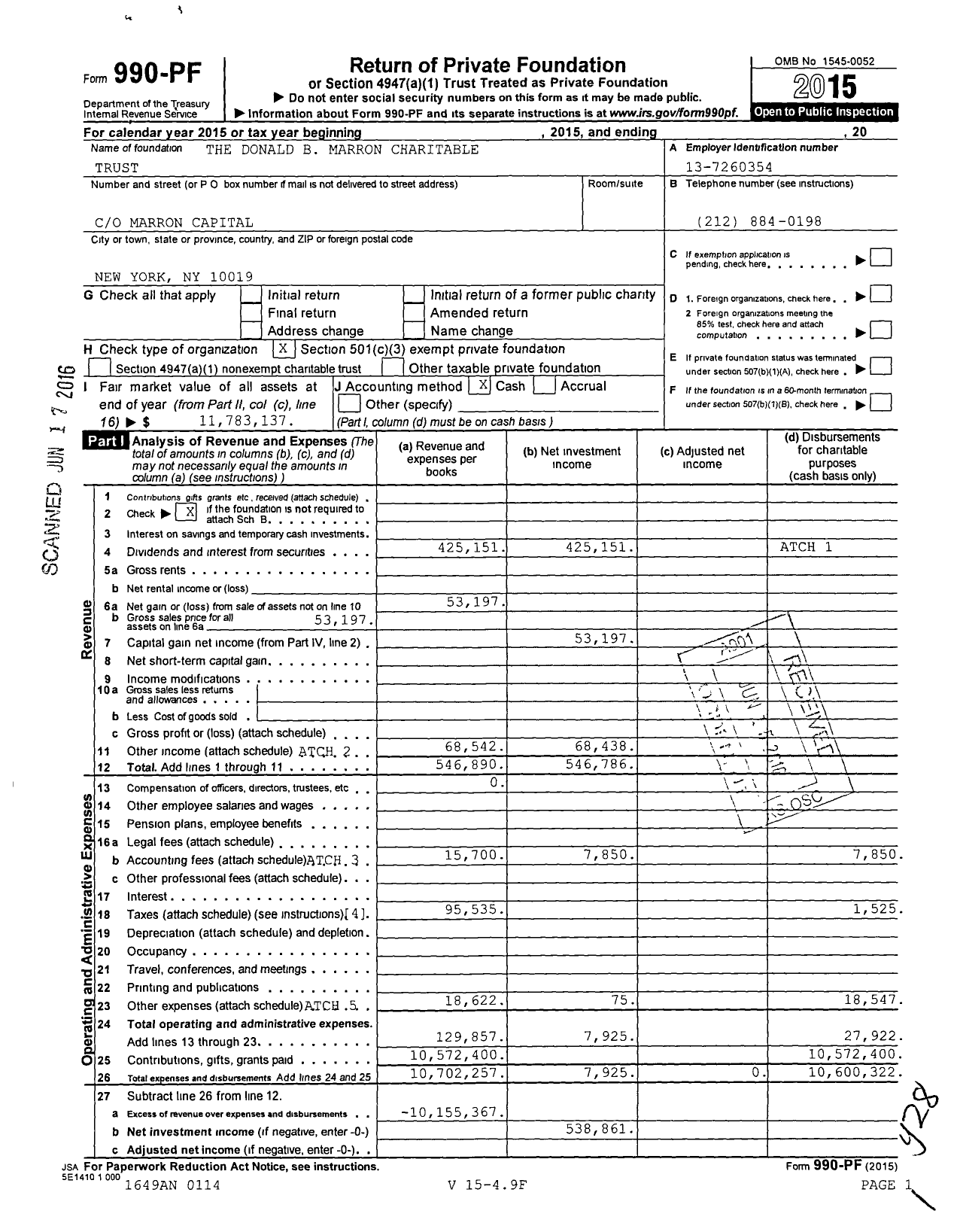 Image of first page of 2015 Form 990PF for Marron Family Charitable Trust