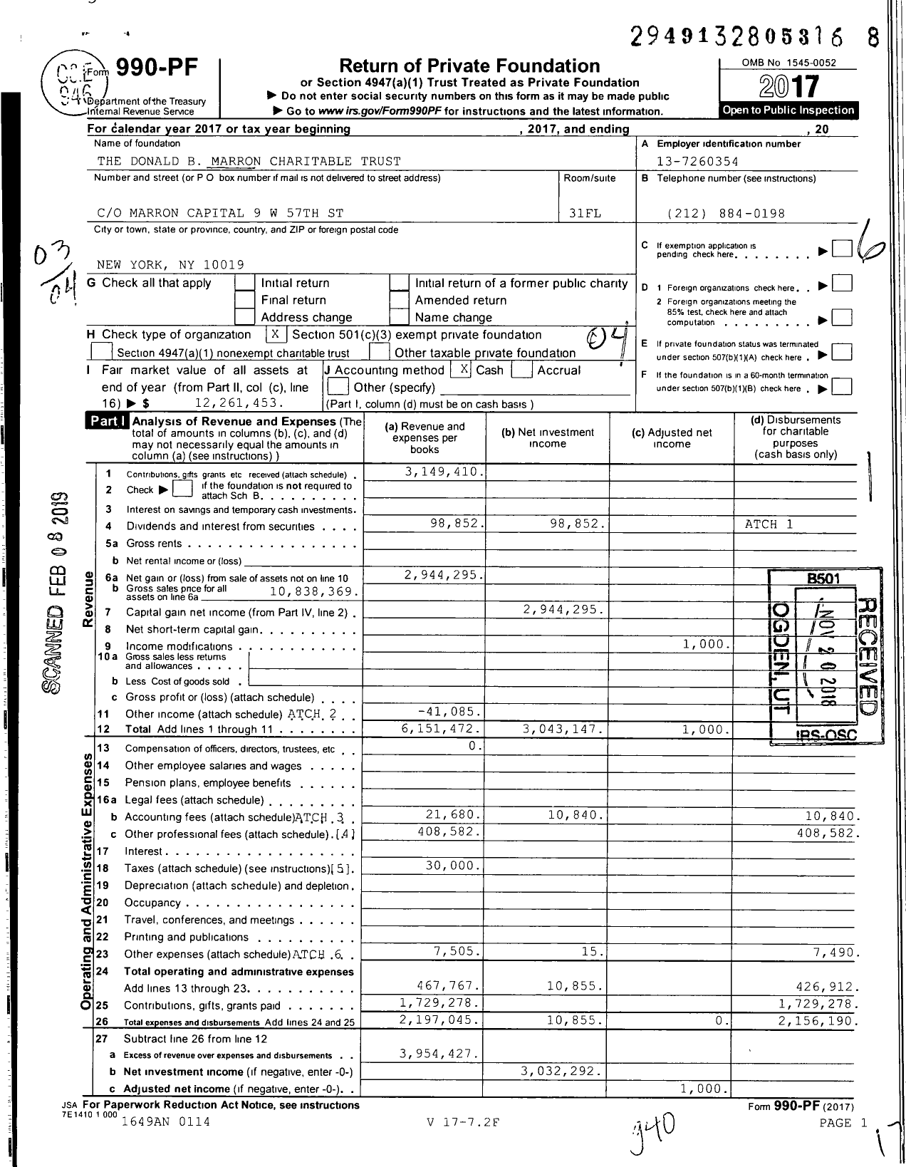 Image of first page of 2017 Form 990PF for Marron Family Charitable Trust