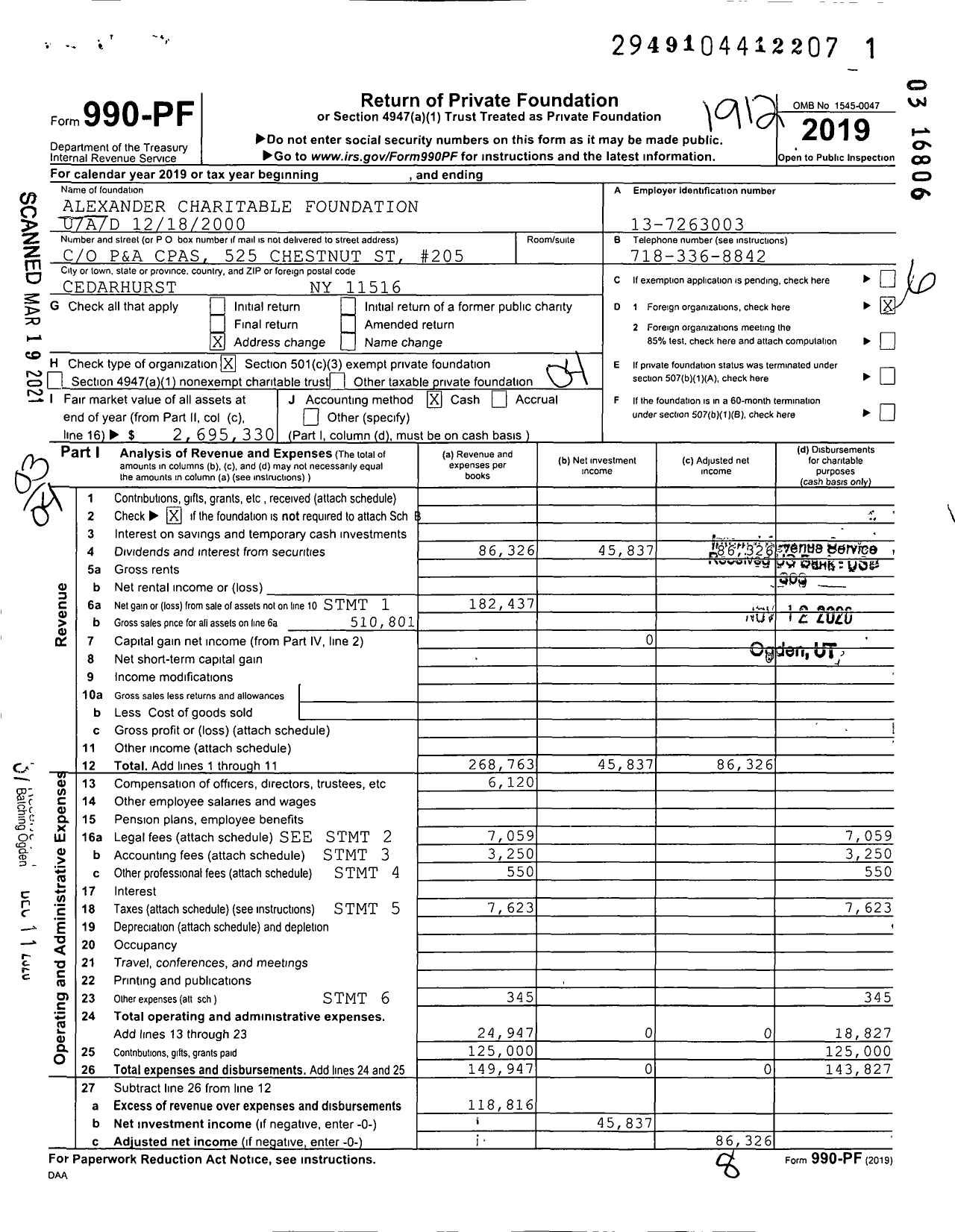 Image of first page of 2019 Form 990PF for Alexander Charitable Foundation U / A / D 12 / 18 / 2000