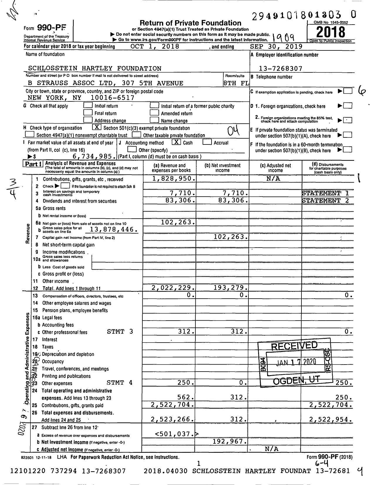 Image of first page of 2018 Form 990PR for Schlosstein Hartley Foundation