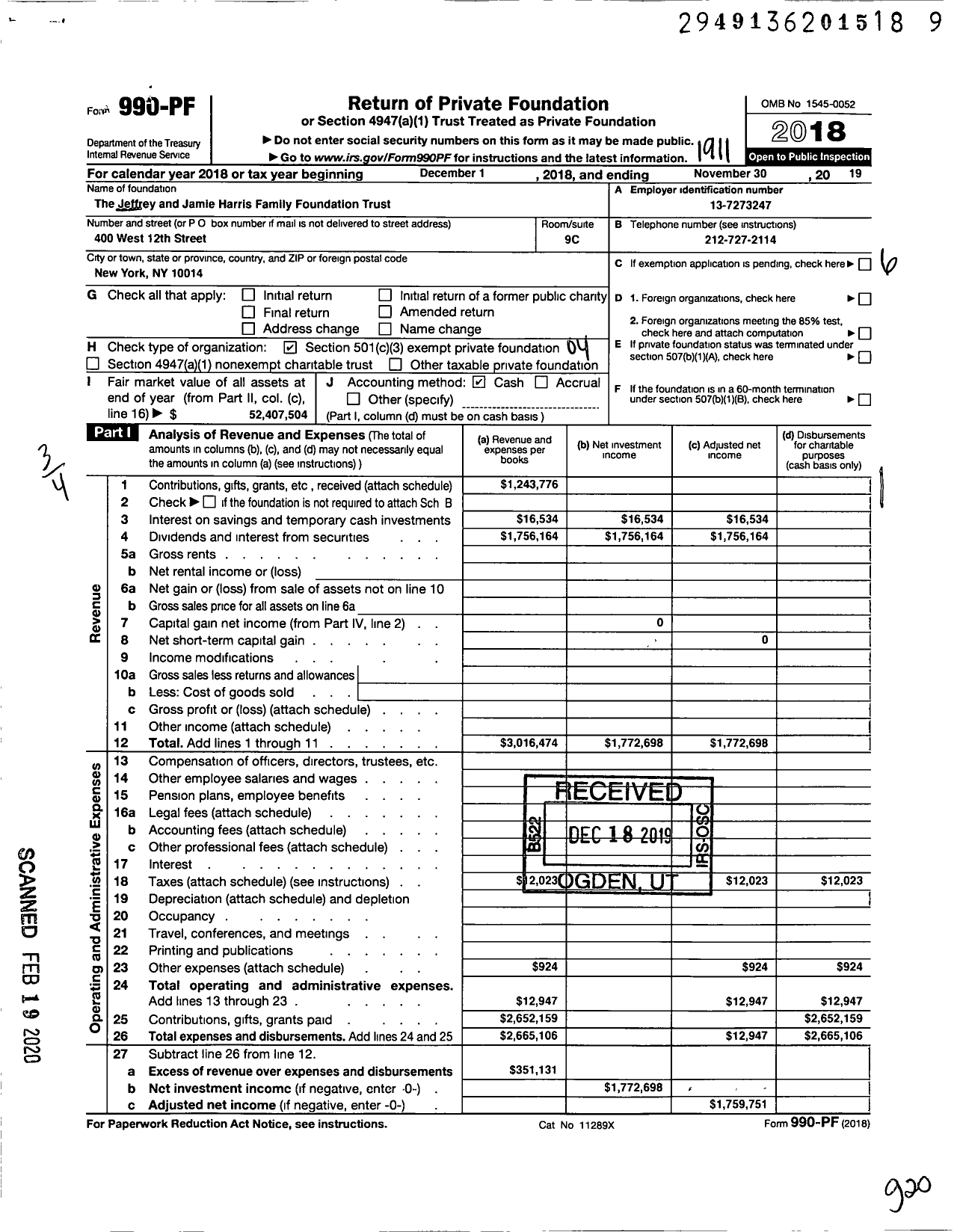 Image of first page of 2018 Form 990PF for Jeffrey and Jamie Harris Family Foundation Trust