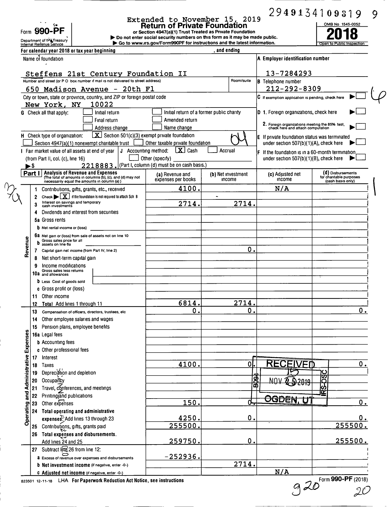 Image of first page of 2018 Form 990PF for Steffens 21st Century Foundation Ii