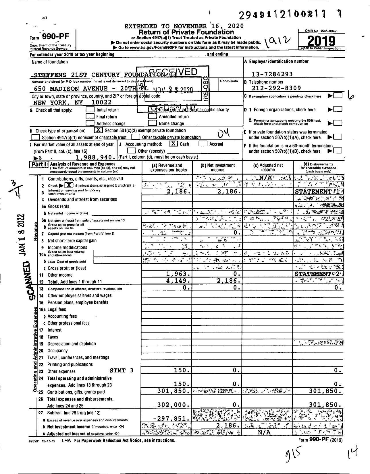 Image of first page of 2019 Form 990PF for Steffens 21st Century Foundation Ii