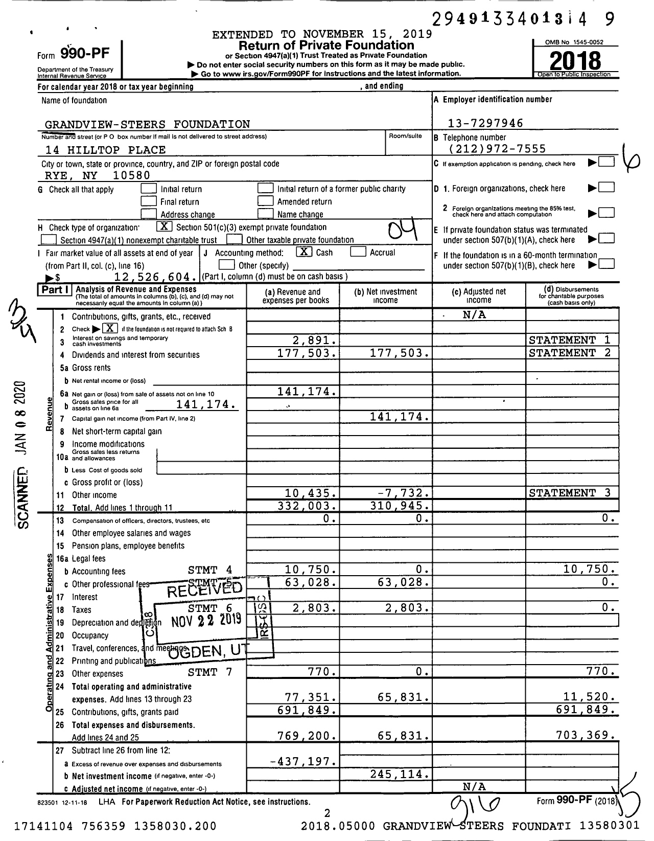 Image of first page of 2018 Form 990PF for Grandview Steers Foundation