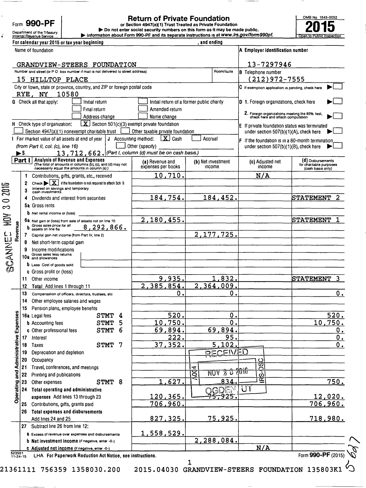Image of first page of 2015 Form 990PF for Grandview Steers Foundation