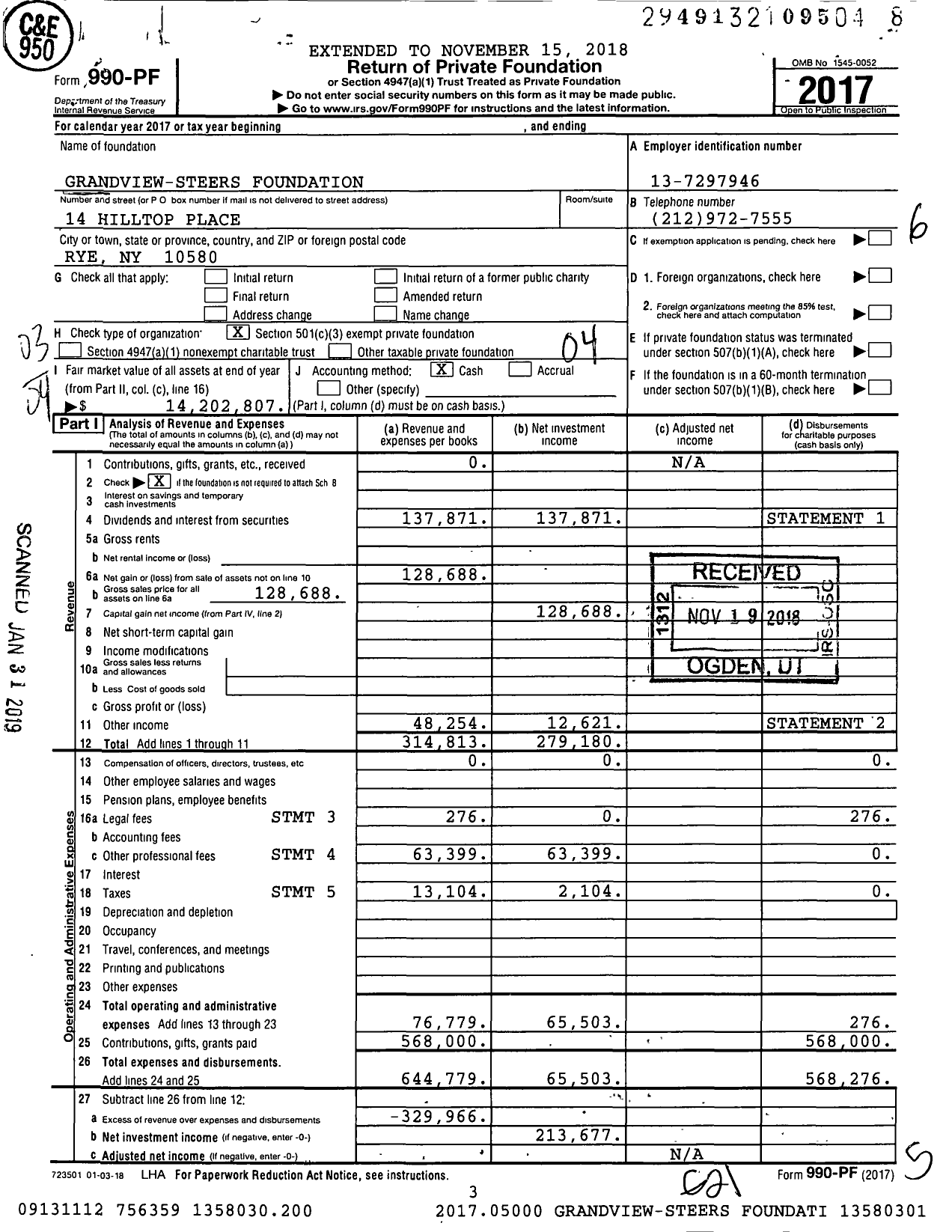 Image of first page of 2017 Form 990PF for Grandview Steers Foundation
