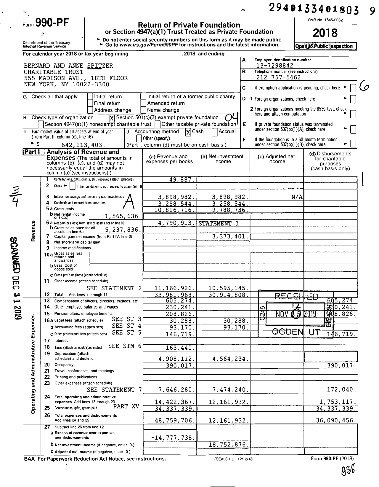 Image of first page of 2018 Form 990PF for Bernard and Anne Spitzer Charitable Trust