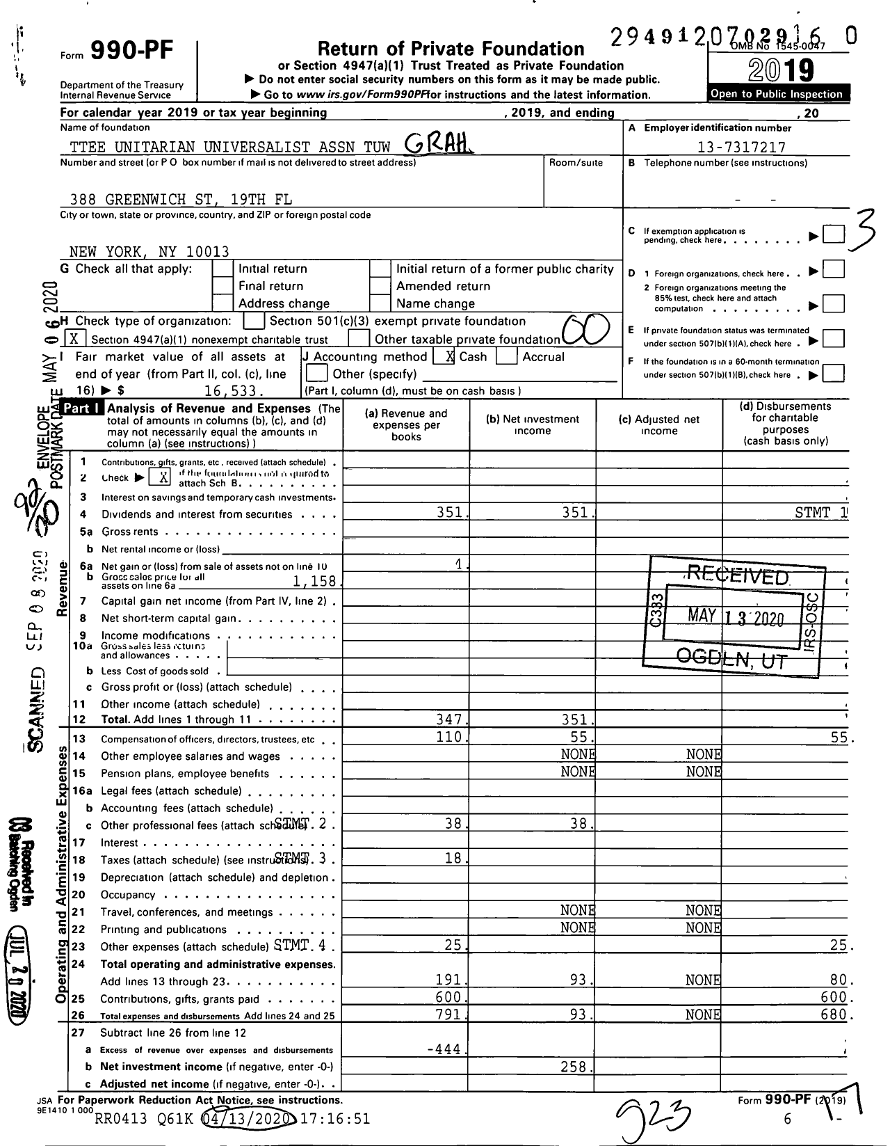 Image of first page of 2019 Form 990PR for Trustees Unitarian Universalist Association Tuw