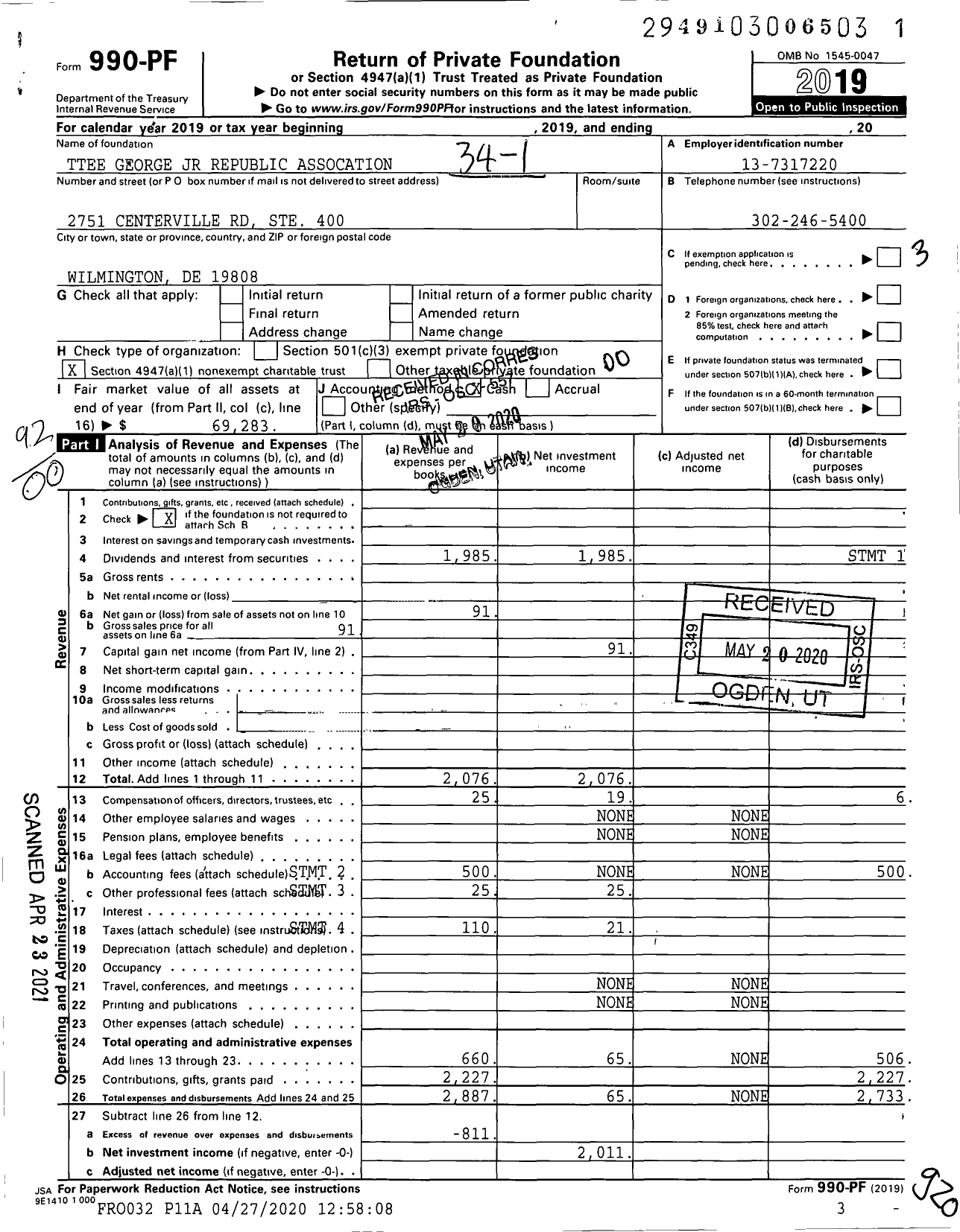 Image of first page of 2019 Form 990PF for Trustees George JR Republic Assocation