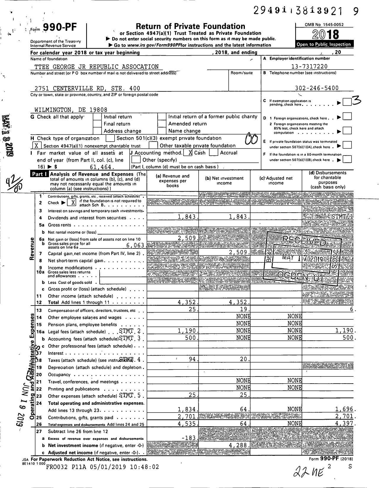 Image of first page of 2018 Form 990PF for Trustees George JR Republic Assocation