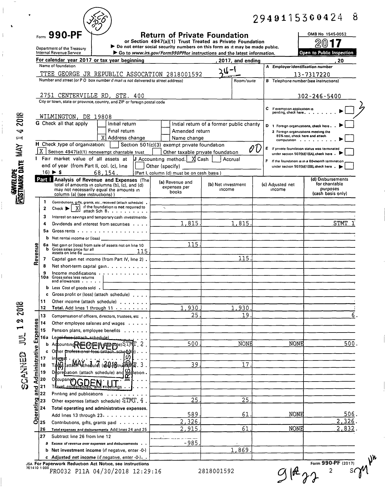 Image of first page of 2017 Form 990PF for Trustees George JR Republic Assocation