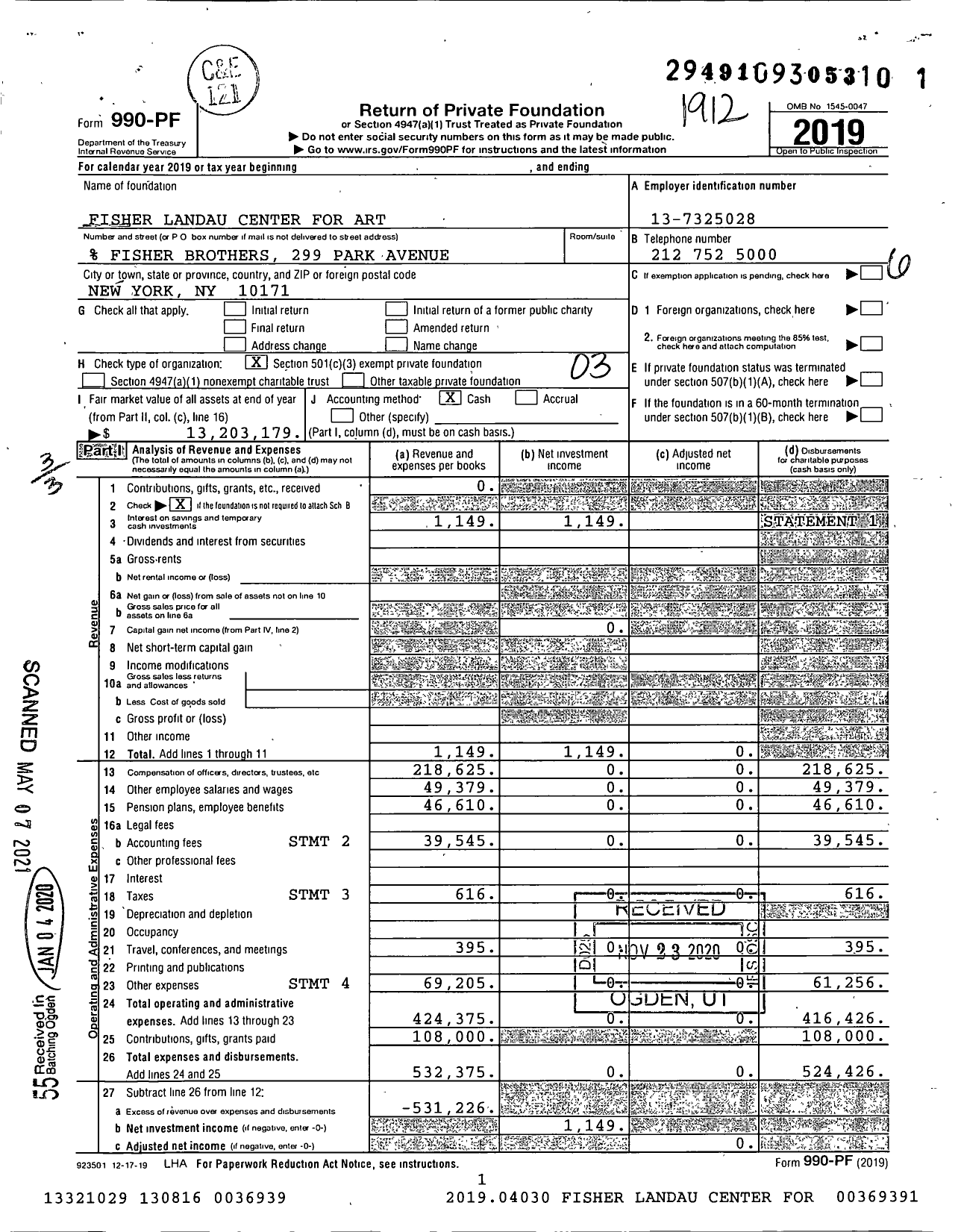 Image of first page of 2019 Form 990PF for Fisher Landau Center for Art