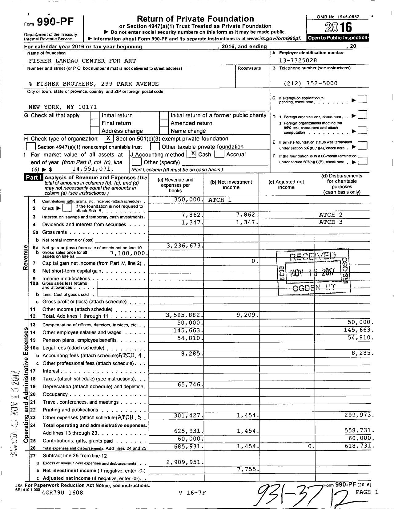 Image of first page of 2016 Form 990PF for Fisher Landau Center for Art