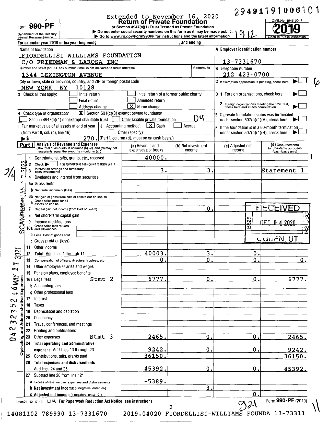 Image of first page of 2019 Form 990PF for Fiordellisi-Williams Foundation