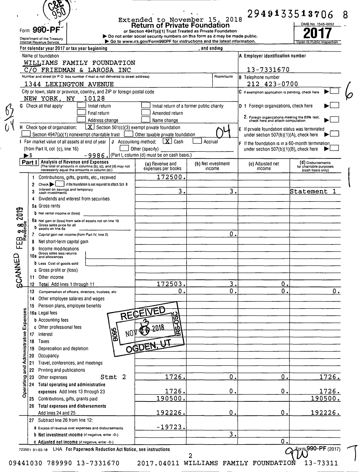 Image of first page of 2017 Form 990PF for Fiordellisi-Williams Foundation