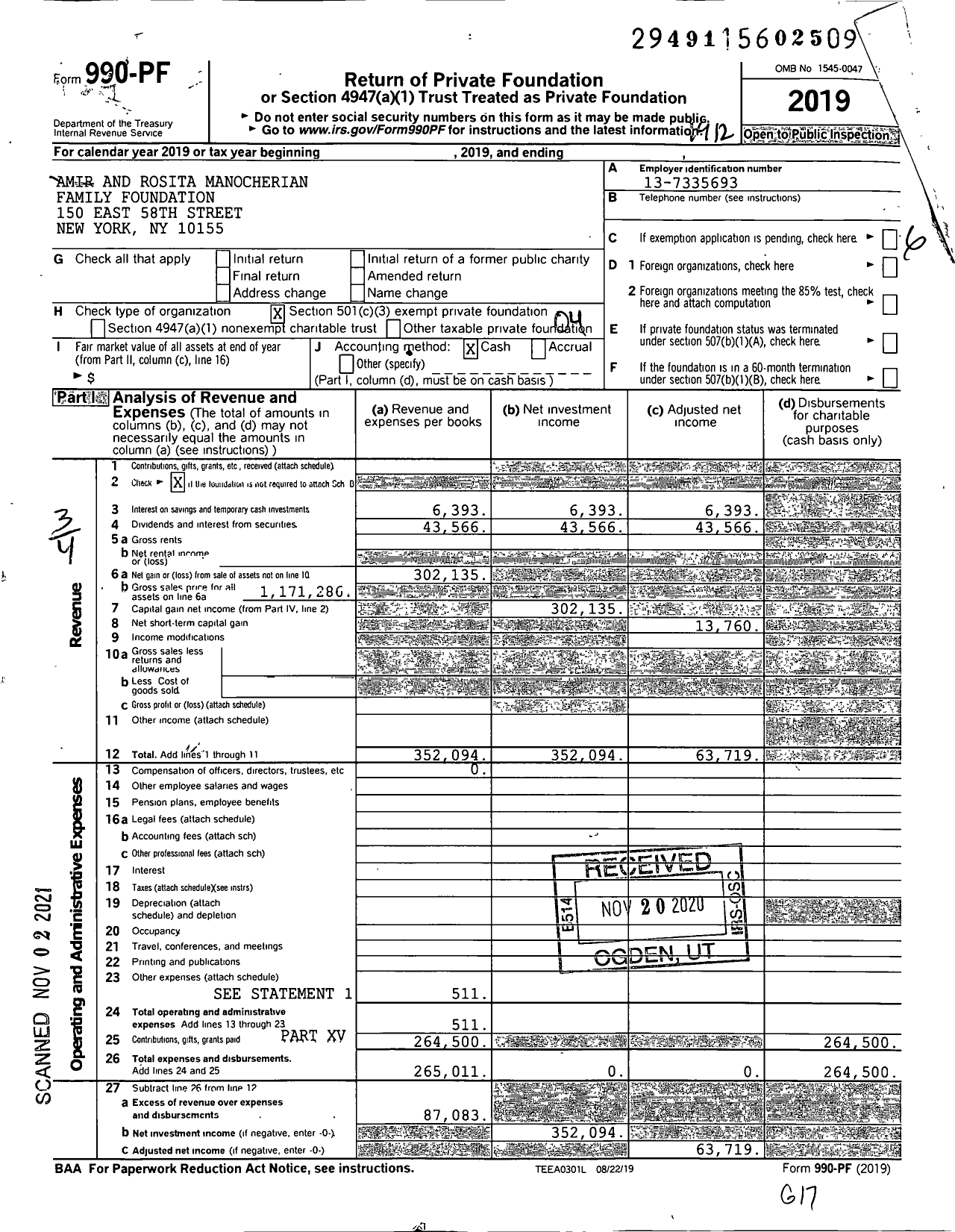 Image of first page of 2019 Form 990PF for Amir and Rosita Manocherian Family Foundation
