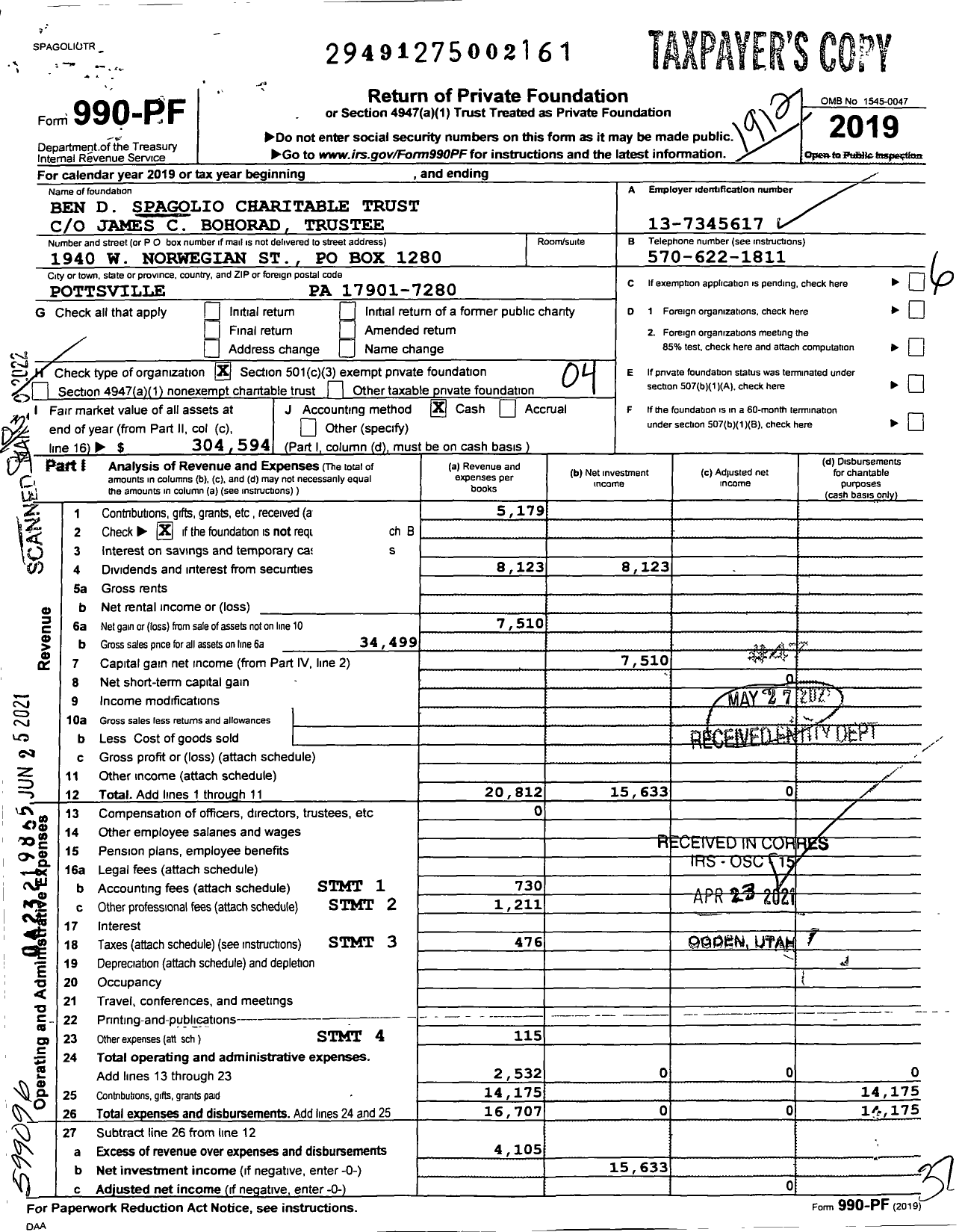 Image of first page of 2019 Form 990PF for Ben D Spagolio Charitable Trust