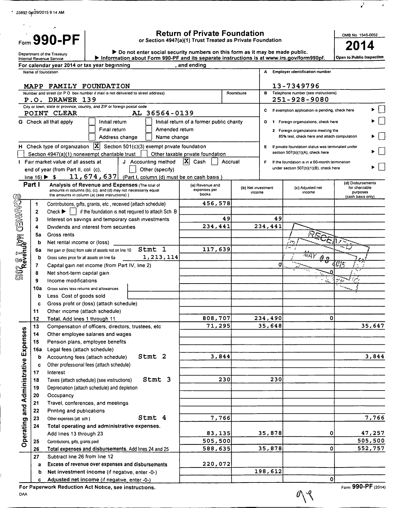 Image of first page of 2014 Form 990PF for Mapp Family Foundation