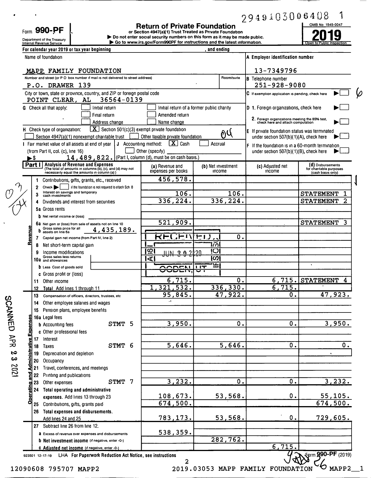 Image of first page of 2019 Form 990PF for Mapp Family Foundation