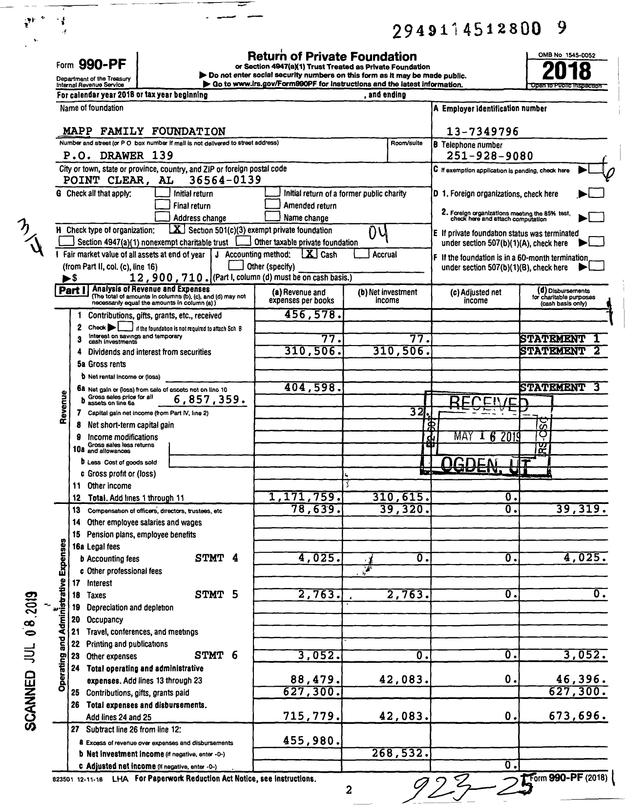Image of first page of 2018 Form 990PF for Mapp Family Foundation
