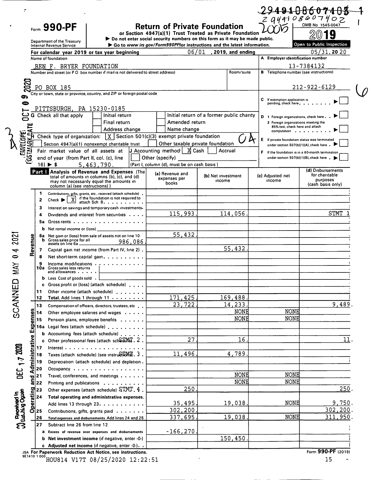 Image of first page of 2019 Form 990PF for Ben F Bryer Foundation