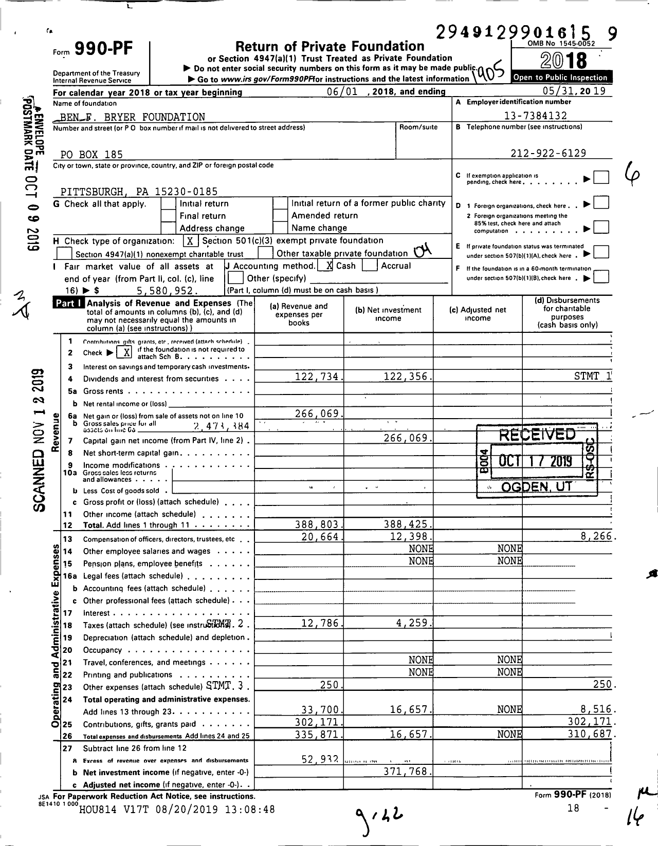 Image of first page of 2018 Form 990PF for Ben F Bryer Foundation