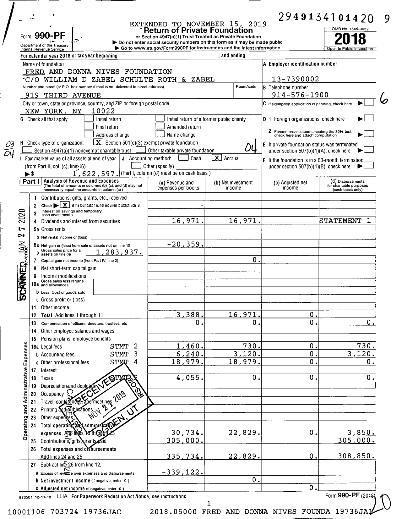 Image of first page of 2018 Form 990PF for Fred and Donna Nives Foundation