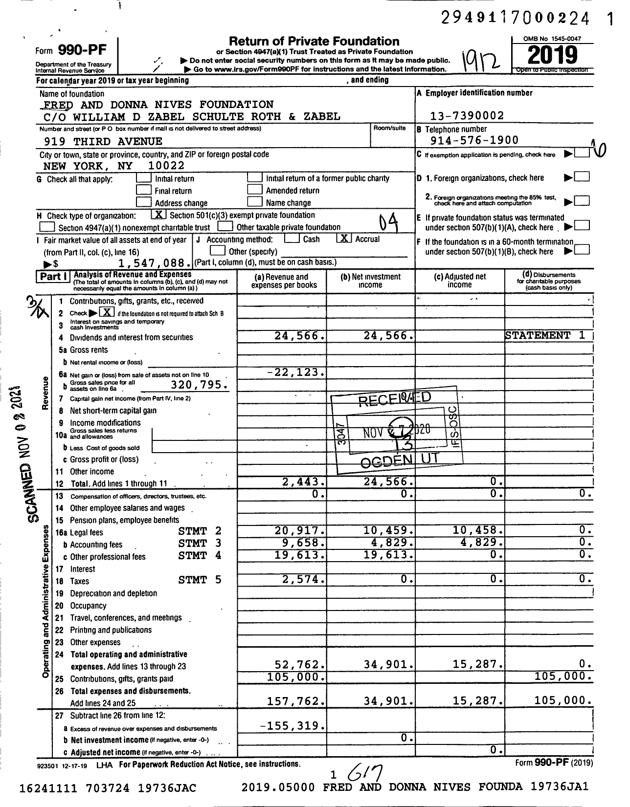 Image of first page of 2019 Form 990PF for Fred and Donna Nives Foundation