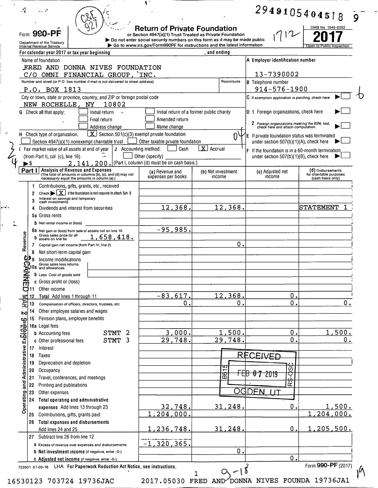 Image of first page of 2017 Form 990PF for Fred and Donna Nives Foundation