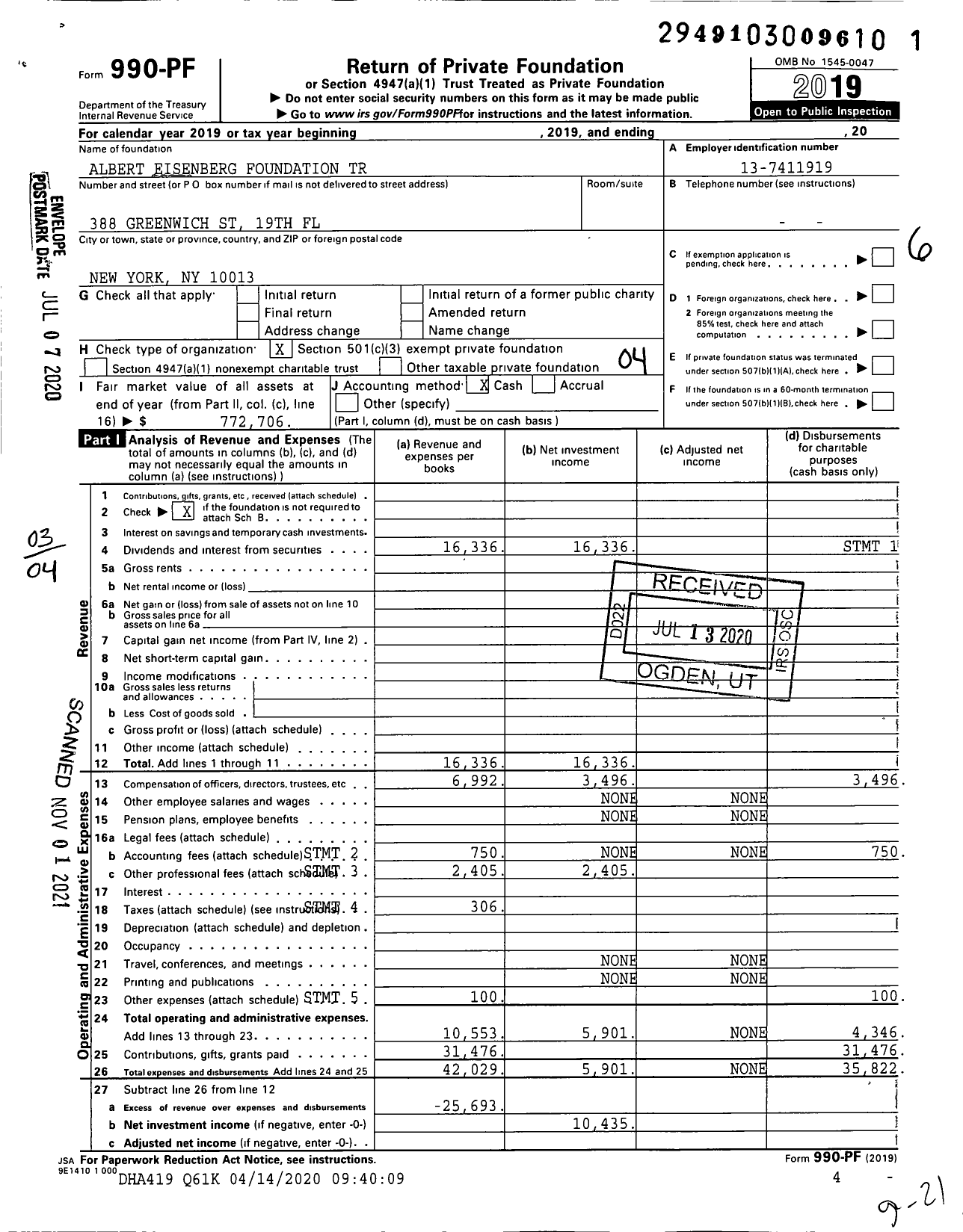 Image of first page of 2019 Form 990PF for Albert Eisenberg Foundation Trust