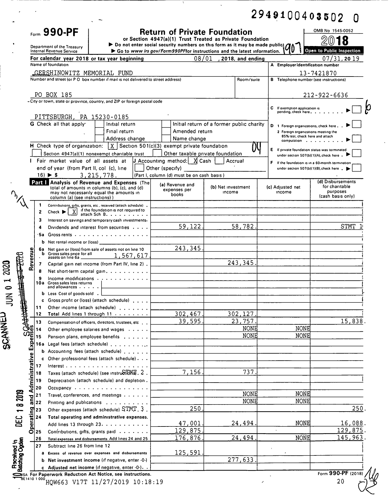 Image of first page of 2018 Form 990PR for Gershinowitz Memorial Fund