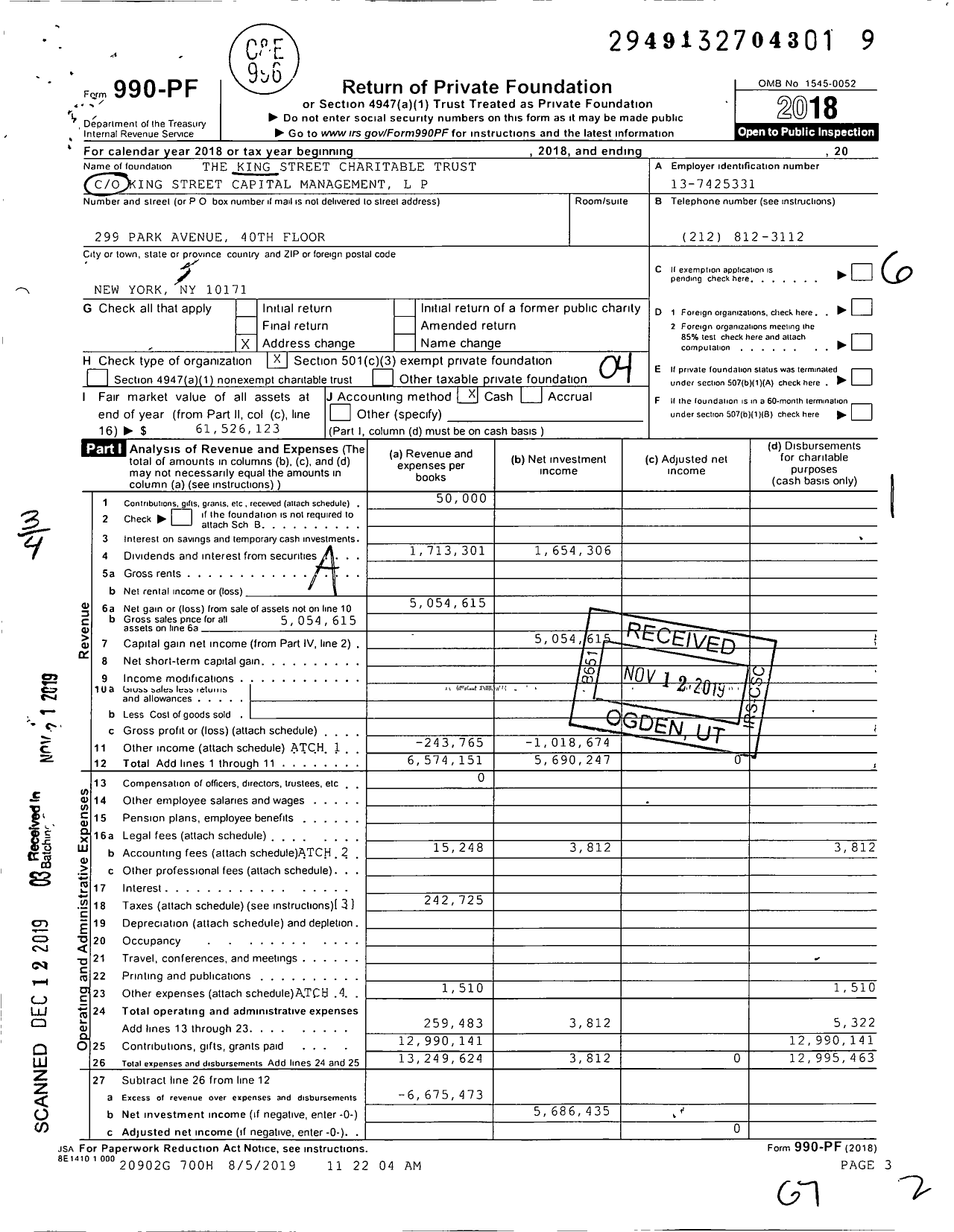 Image of first page of 2018 Form 990PF for King Street Charitable Trust