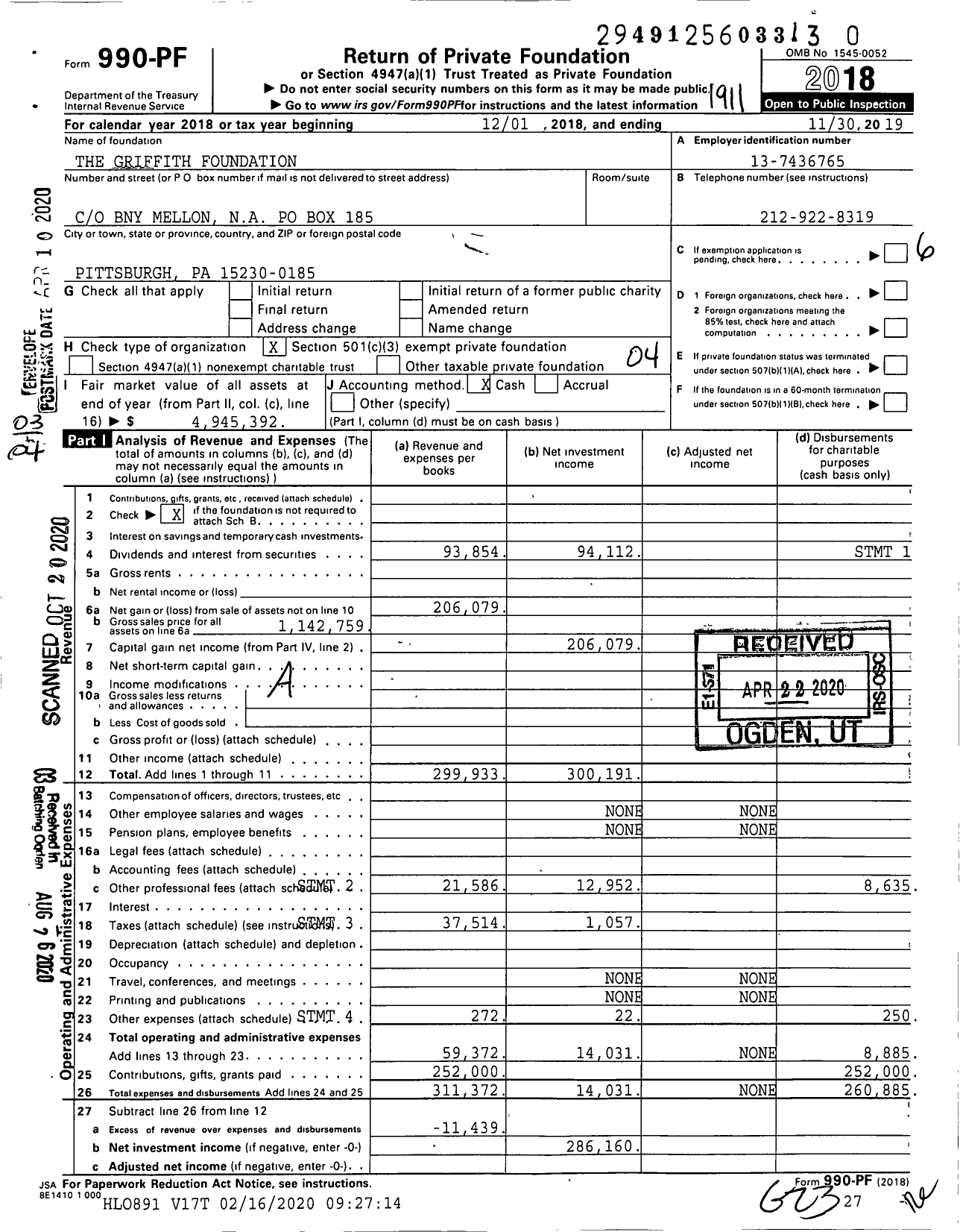 Image of first page of 2018 Form 990PR for The Griffith Foundation