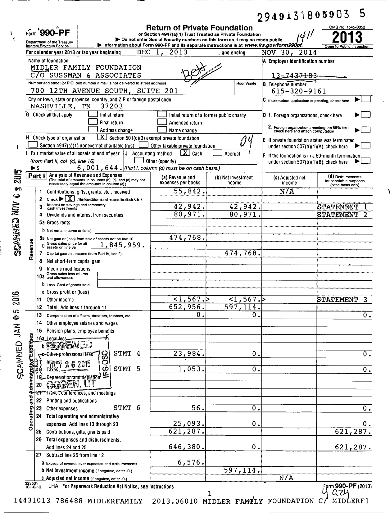 Image of first page of 2013 Form 990PF for Midler Family Foundation