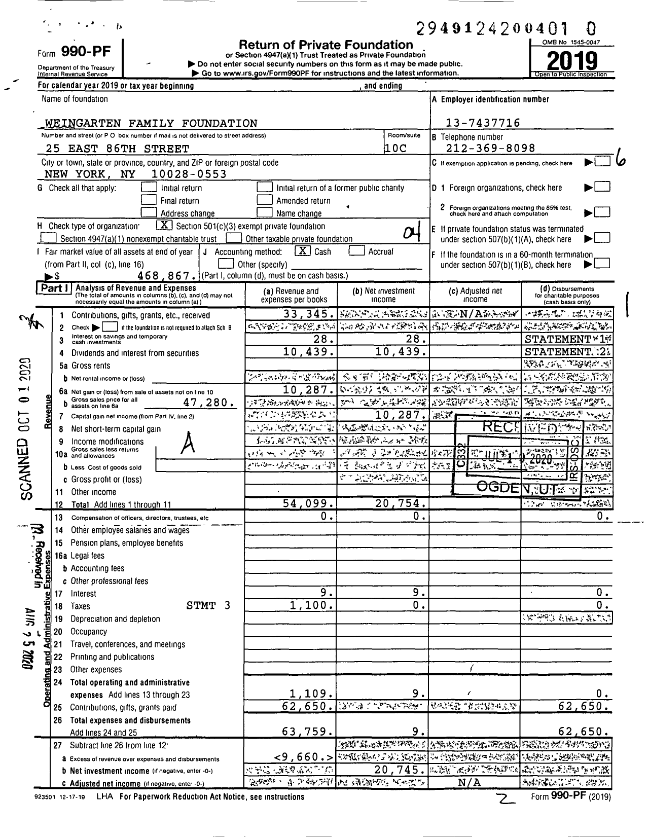 Image of first page of 2019 Form 990PR for Weingarten Family Foundation / Weingarten Marc Etal Ttee