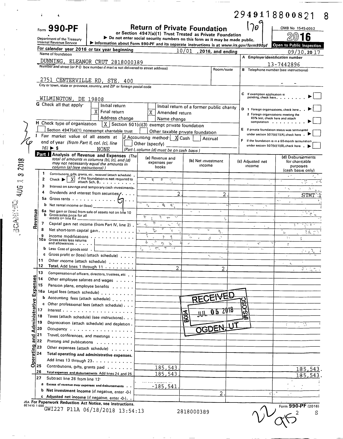 Image of first page of 2016 Form 990PF for Dunning Eleanor Crut