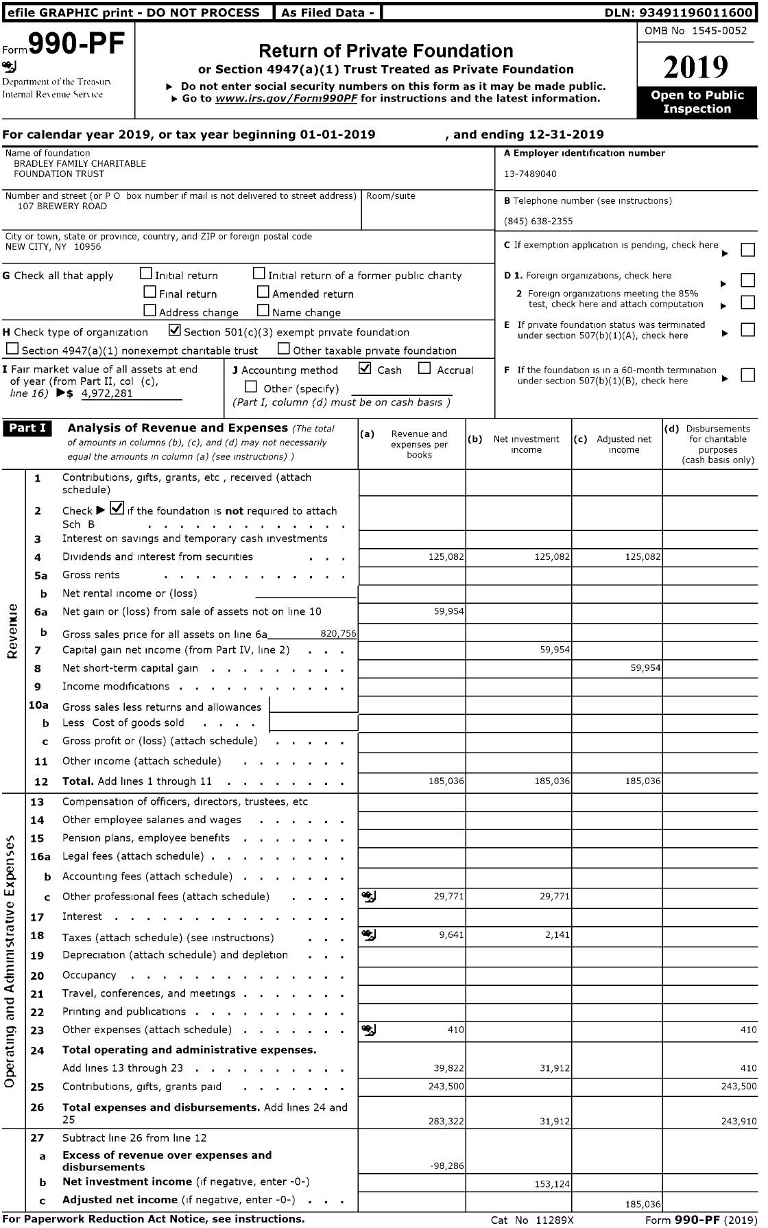 Image of first page of 2019 Form 990PR for Bradley Family Charitable Foundation Trust