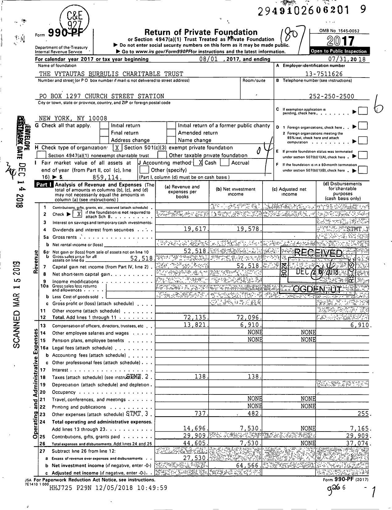 Image of first page of 2017 Form 990PF for The Vytautas Burbulis Charitable Trust