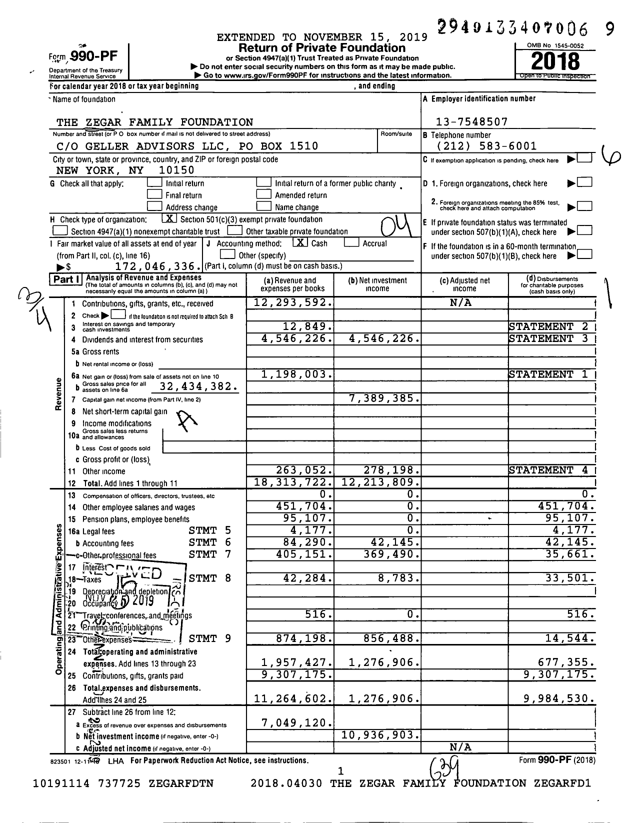 Image of first page of 2018 Form 990PF for Zegar Family Foundation