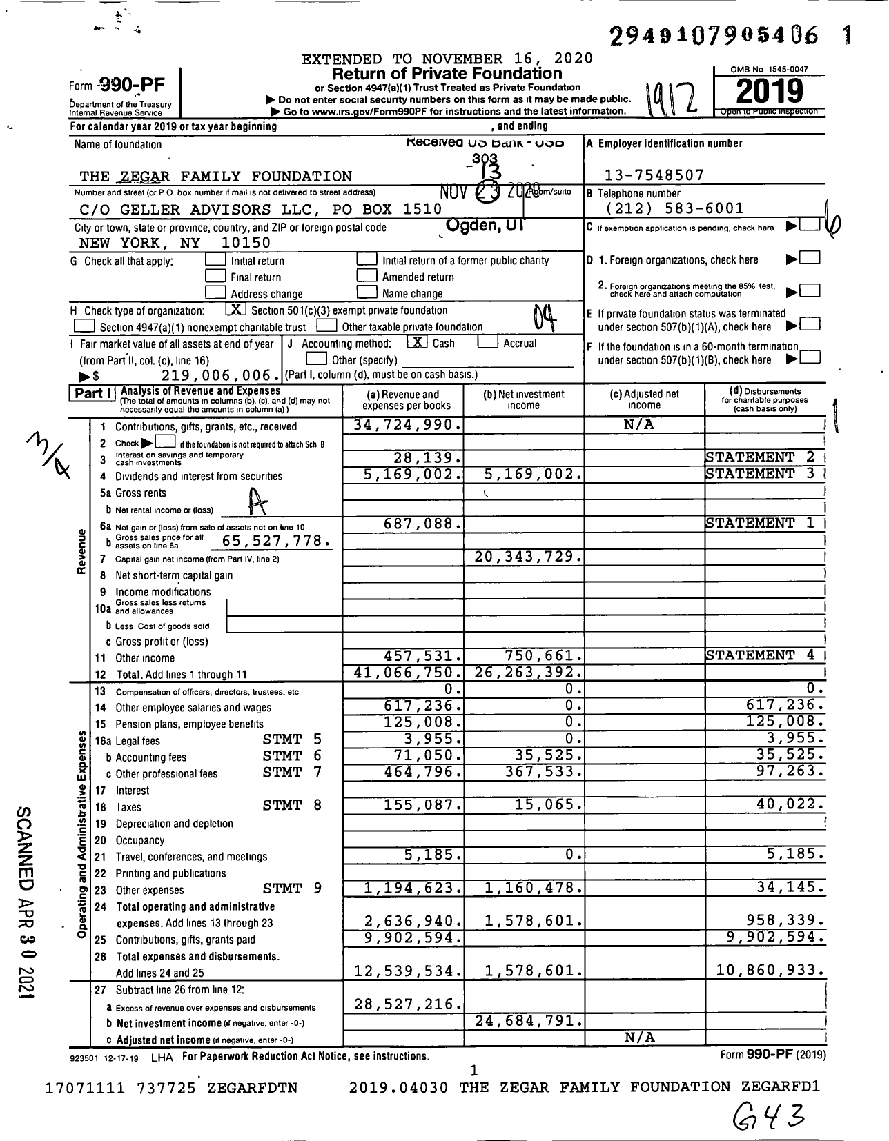 Image of first page of 2019 Form 990PF for Zegar Family Foundation