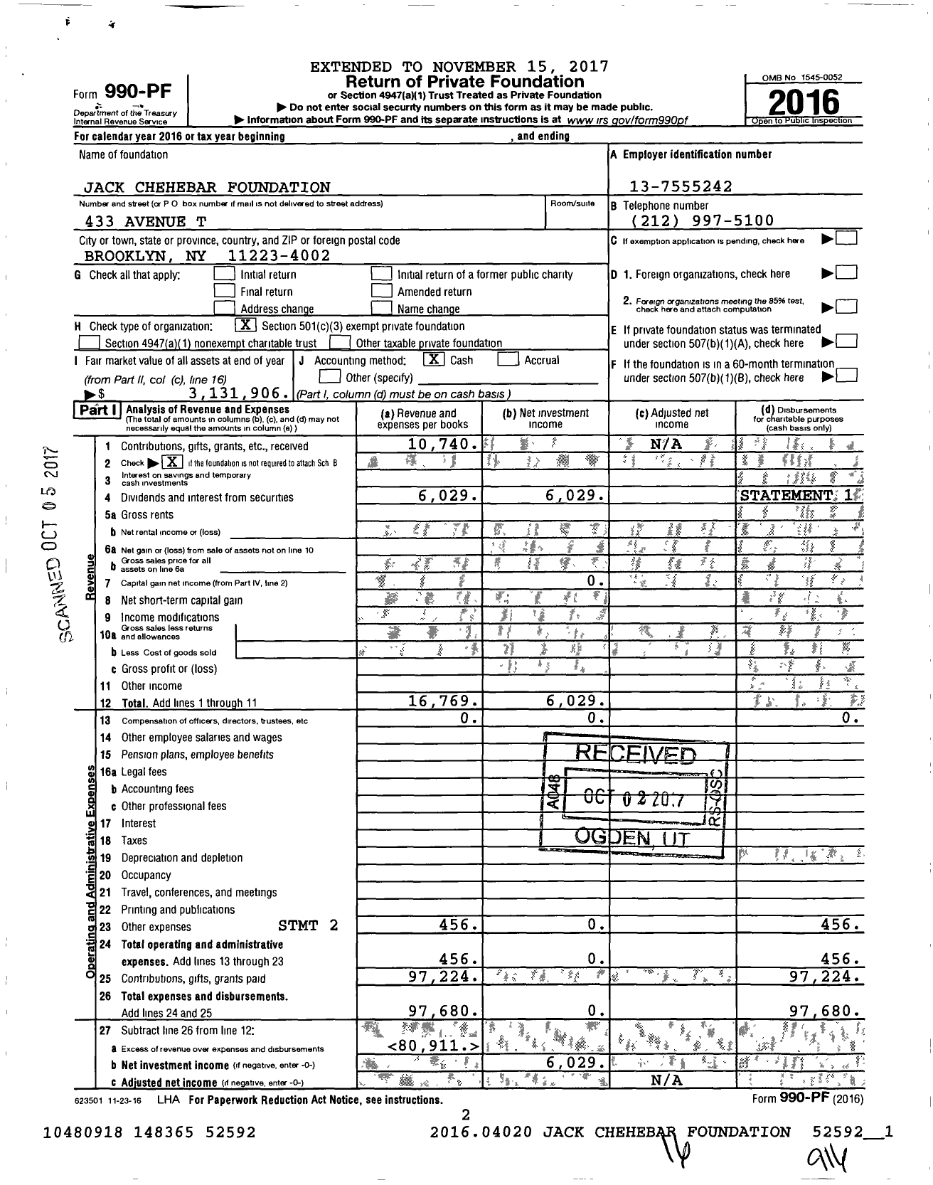 Image of first page of 2016 Form 990PF for Jack Chehebar Foundation