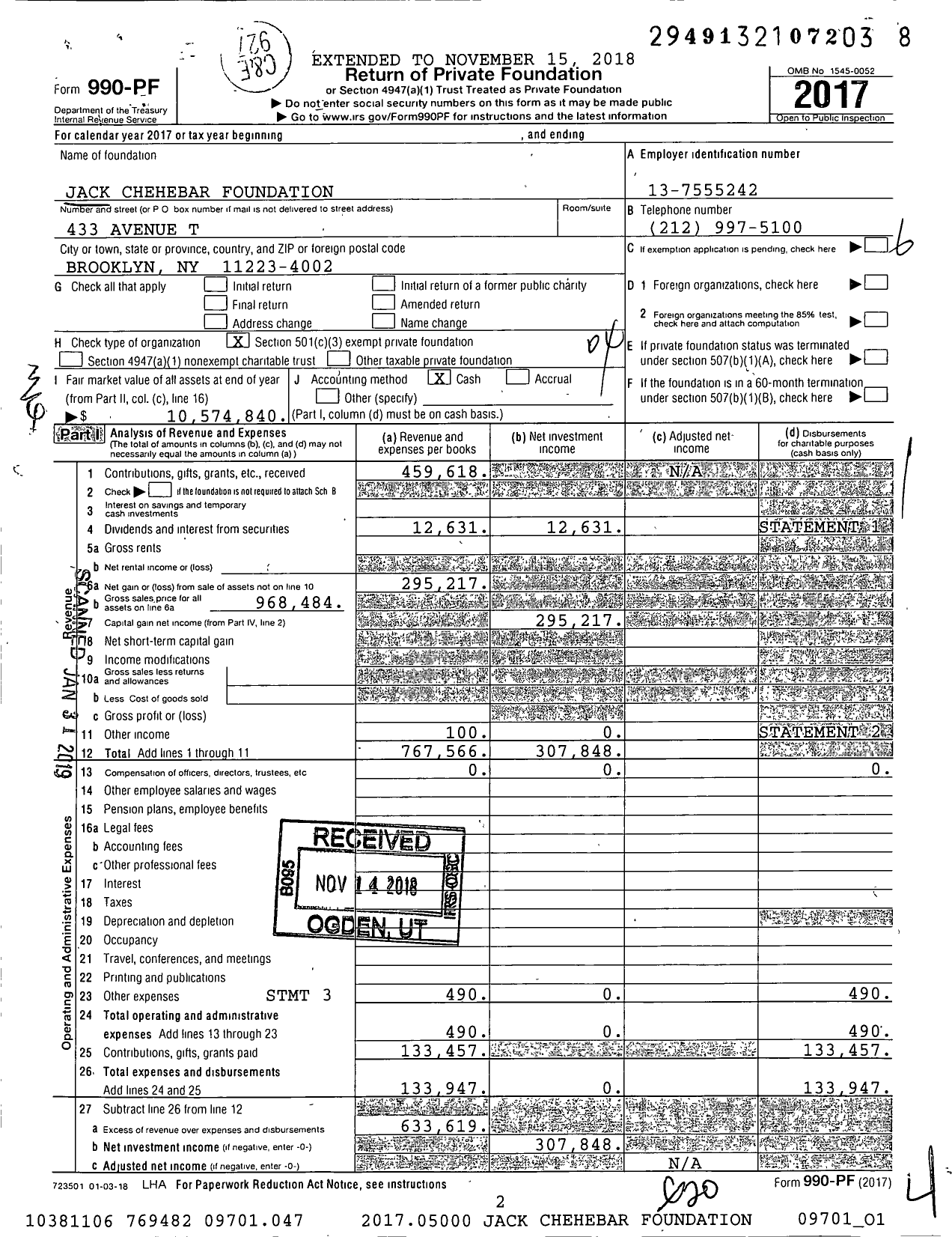 Image of first page of 2017 Form 990PF for Jack Chehebar Foundation