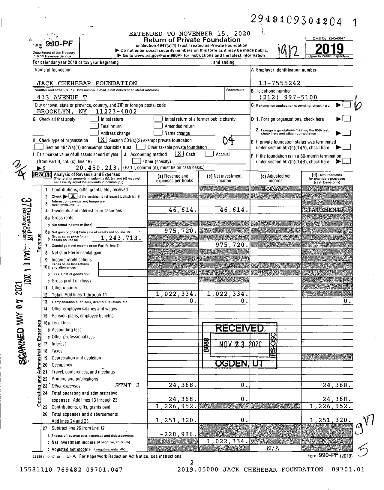 Image of first page of 2019 Form 990PF for Jack Chehebar Foundation