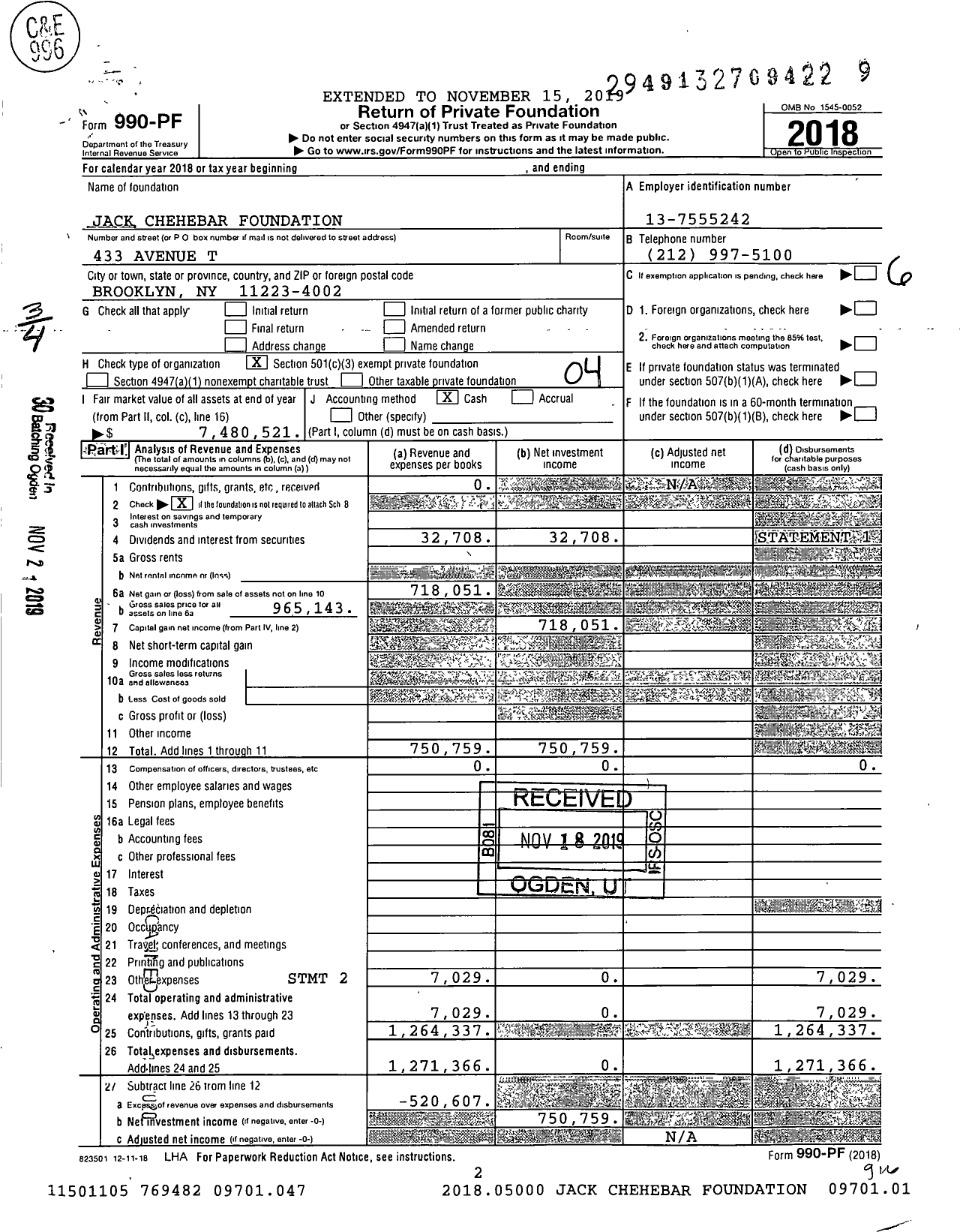Image of first page of 2018 Form 990PF for Jack Chehebar Foundation